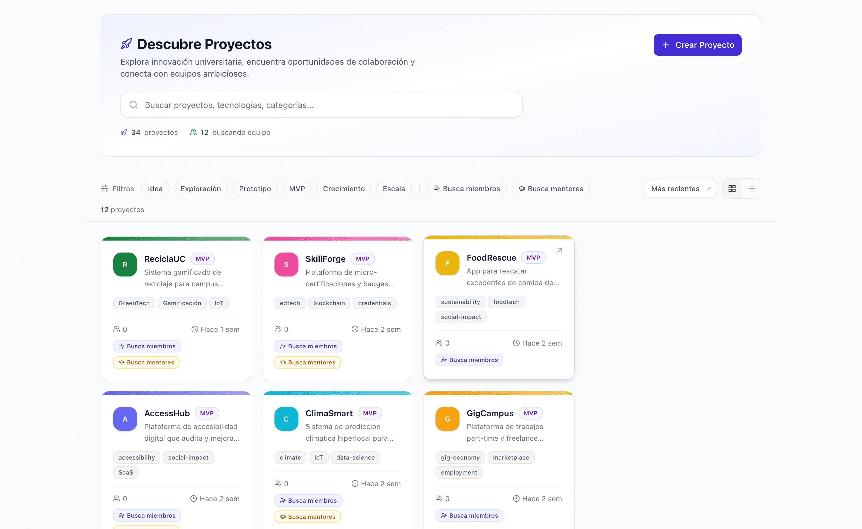 Cocreaciones - Vista de proyectos